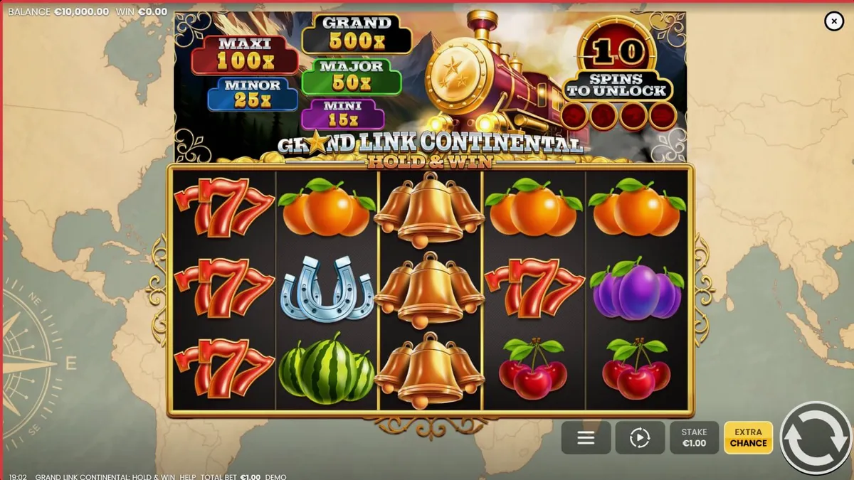 Uma locomotiva de luxo vintage em movimento, com símbolos de frutas e moedas de ouro flutuando ao redor, representando o tema do slot Grand Link Continental: Hold & Win.