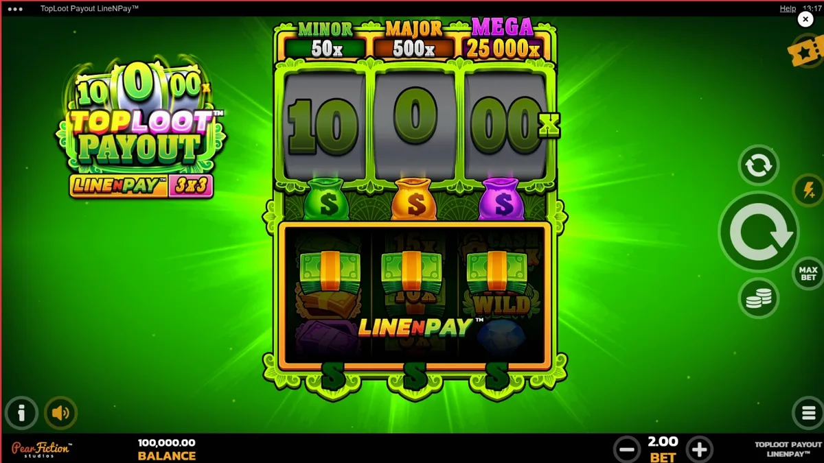 Interface do jogo TopLoot Payout LineNPay com tema de tesouro e grade 3x3
