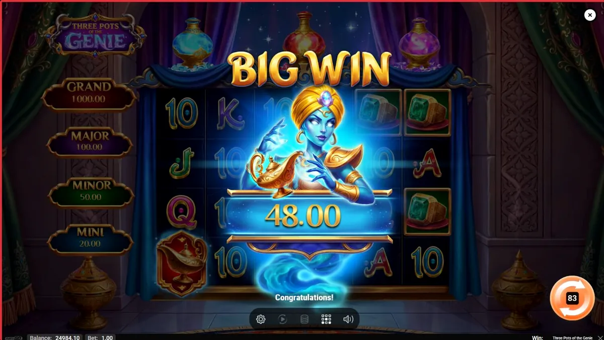 Interface do jogo Three Pots of the Genie com temática de lâmpadas mágicas e potes de gemas
